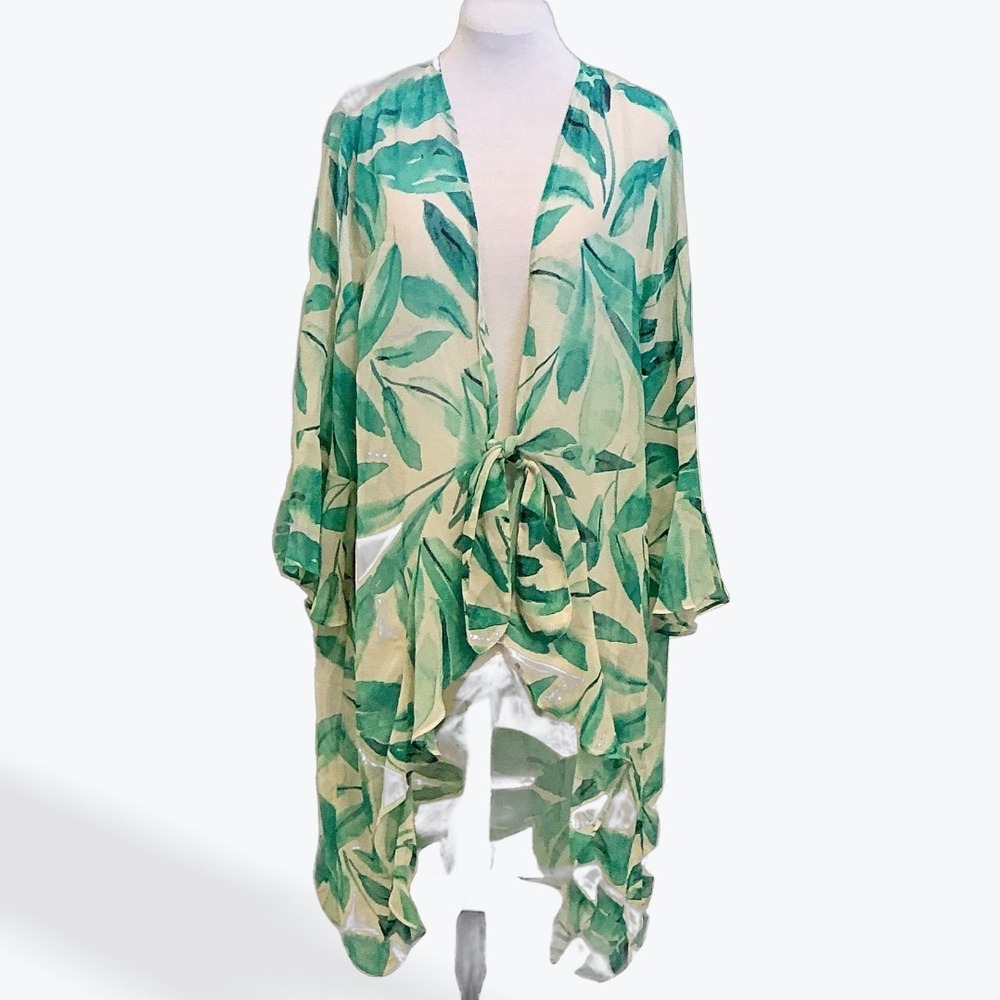 Cato Womens Green Tropical Leaf Print Tie Front Kimono Bell Sleeve Cardigan L